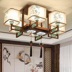 Traditional Chinese Square Fabric Pattern Embroidery Lampshade Iron 4/6/8 - Light Chandeliers for Living Room BulbSquare