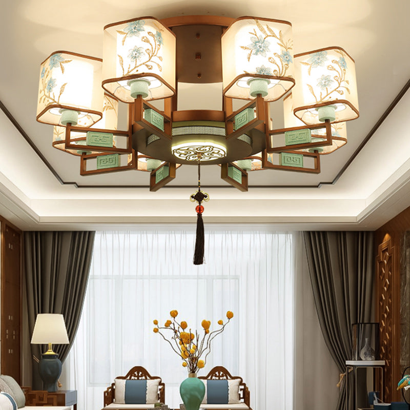 Traditional Chinese Square Fabric Pattern Embroidery Lampshade Iron 4/6/8 - Light Chandeliers for Living Room BulbSquare