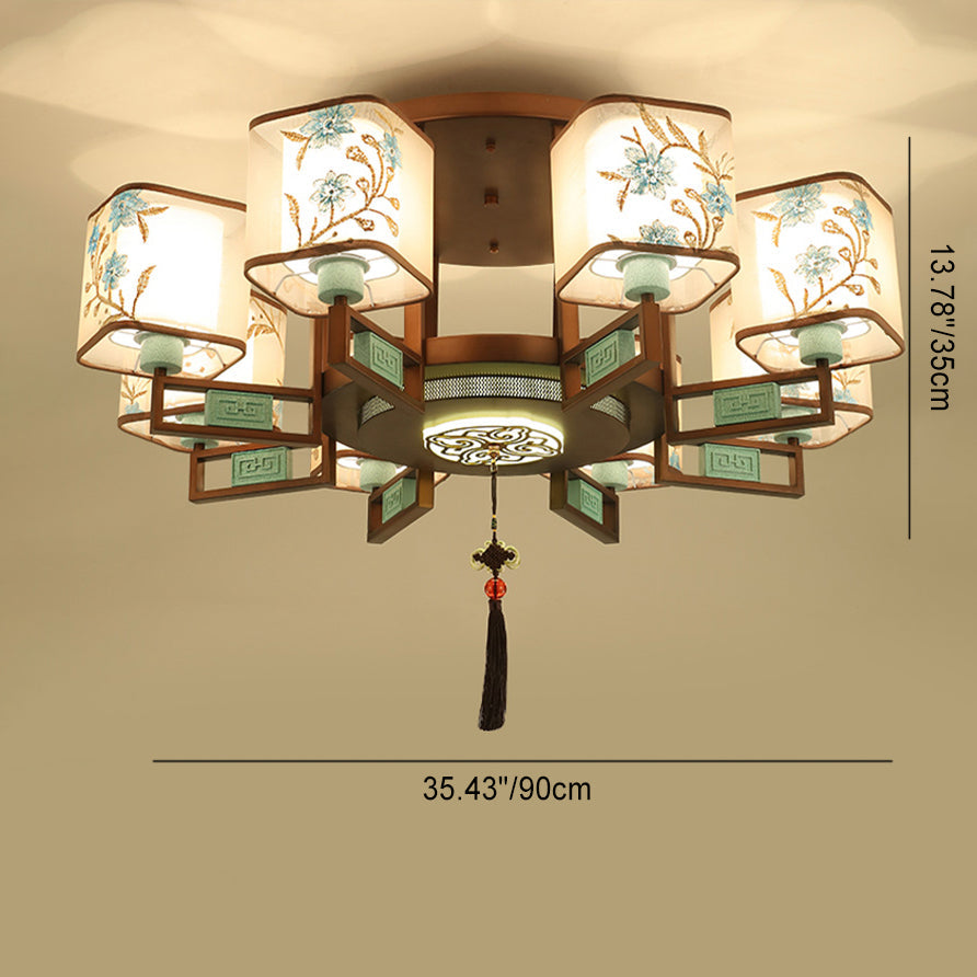 Traditional Chinese Square Fabric Pattern Embroidery Lampshade Iron 4/6/8 - Light Chandeliers for Living Room BulbSquare