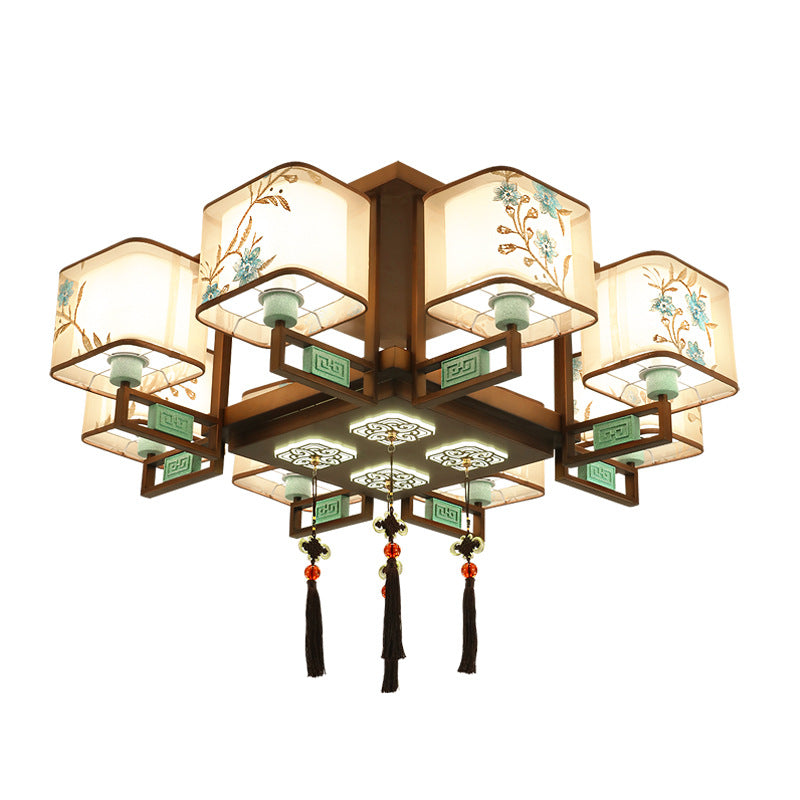 Traditional Chinese Square Fabric Pattern Embroidery Lampshade Iron 4/6/8 - Light Chandeliers for Living Room BulbSquare