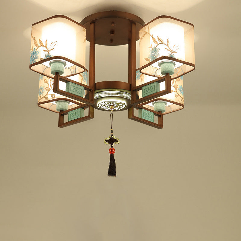 Traditional Chinese Square Fabric Pattern Embroidery Lampshade Iron 4/6/8 - Light Chandeliers for Living Room BulbSquare