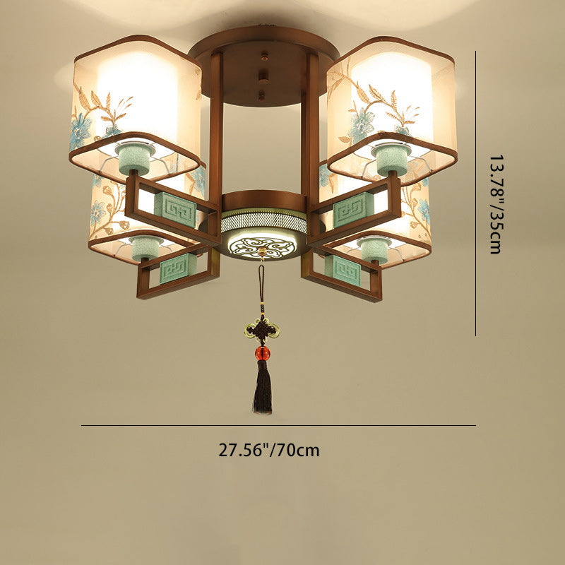 Traditional Chinese Square Fabric Pattern Embroidery Lampshade Iron 4/6/8 - Light Chandeliers for Living Room BulbSquare