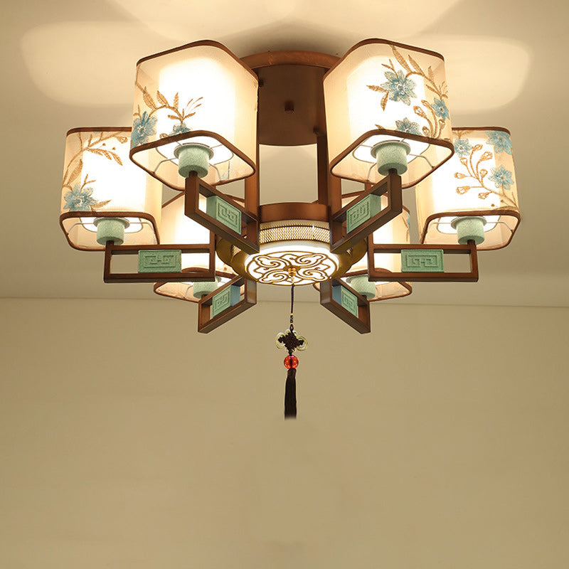 Traditional Chinese Square Fabric Pattern Embroidery Lampshade Iron 4/6/8 - Light Chandeliers for Living Room BulbSquare