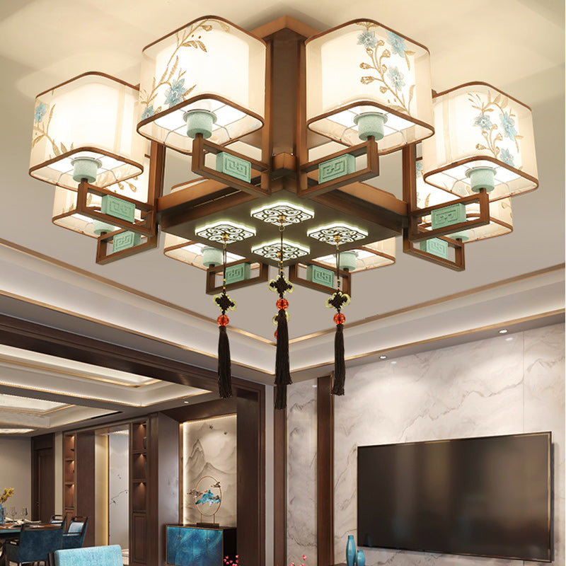 Traditional Chinese Square Fabric Pattern Embroidery Lampshade Iron 4/6/8 - Light Chandeliers for Living Room BulbSquare