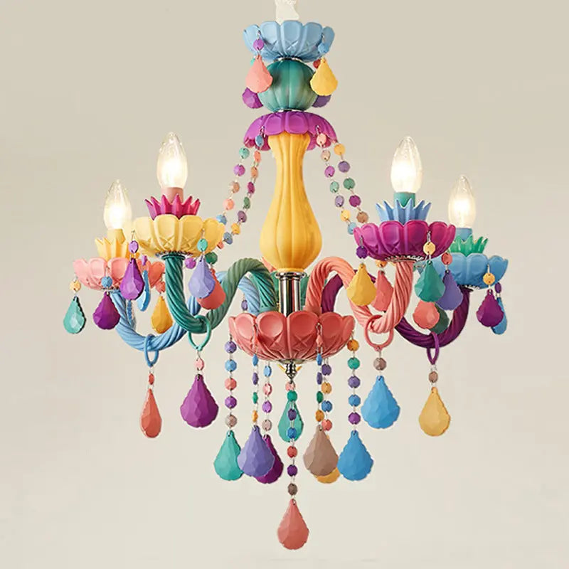 Contemporary Creative Macron Candle Shape Resin Iron Glass 5 - Light Chandeliers for Living Room BulbSquare