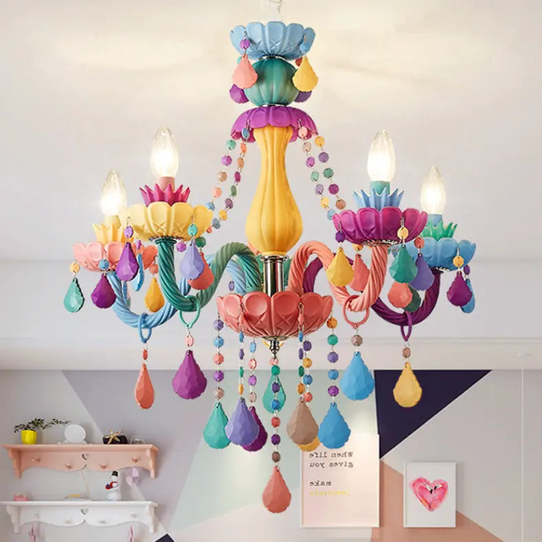 Contemporary Creative Macron Candle Shape Resin Iron Glass 5 - Light Chandeliers for Living Room BulbSquare