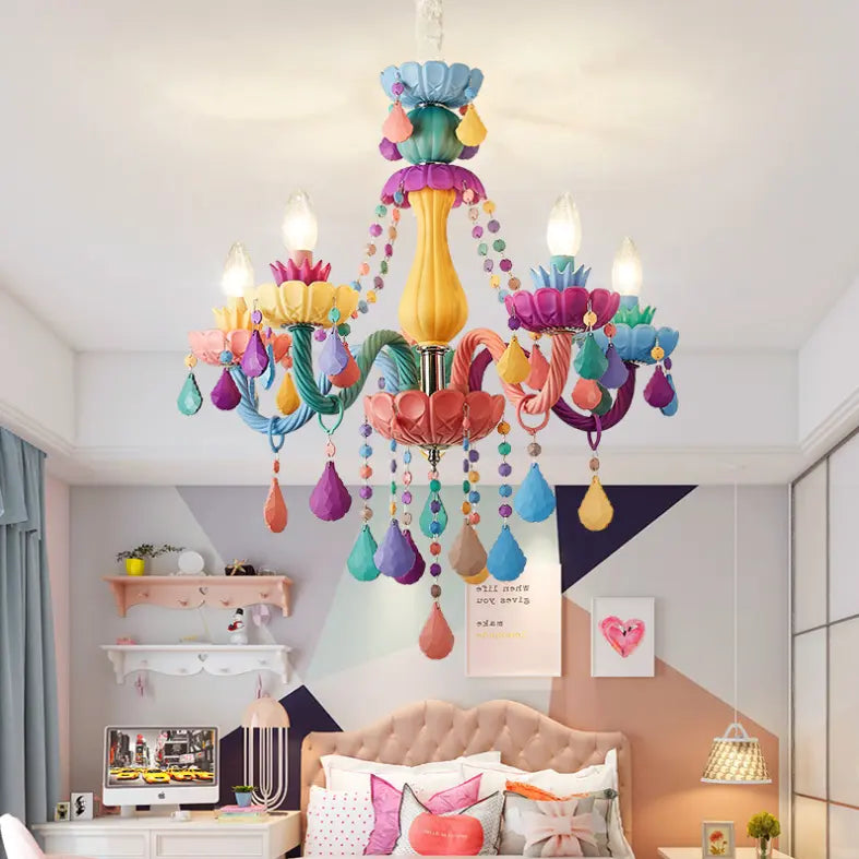 Contemporary Creative Macron Candle Shape Resin Iron Glass 5 - Light Chandeliers for Living Room BulbSquare