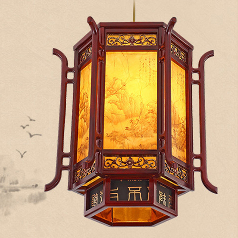 Traditional Chinese Lantern Shape Pine Imitation Sheepskin Lampshade 1 - Light Chandeliers for Dining Room BulbSquare