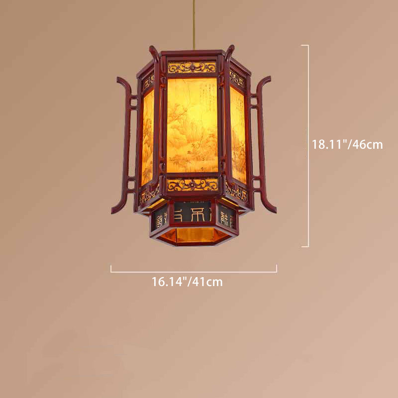 Traditional Chinese Lantern Shape Pine Imitation Sheepskin Lampshade 1 - Light Chandeliers for Dining Room BulbSquare