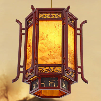 Traditional Chinese Lantern Shape Pine Imitation Sheepskin Lampshade 1 - Light Chandeliers for Dining Room