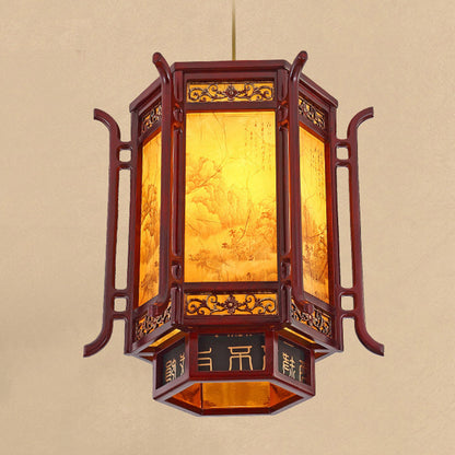 Traditional Chinese Lantern Shape Pine Imitation Sheepskin Lampshade 1 - Light Chandeliers for Dining Room