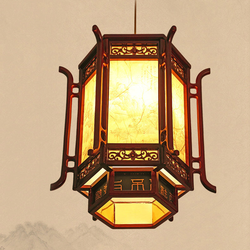 Traditional Chinese Lantern Shape Pine Imitation Sheepskin Lampshade 1 - Light Chandeliers for Dining Room BulbSquare