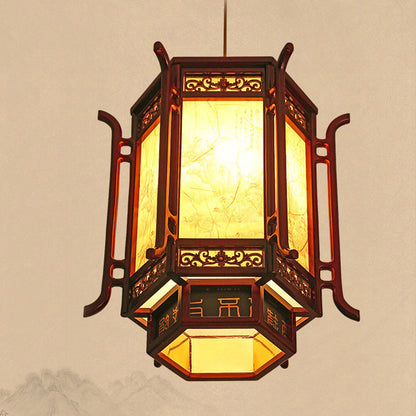 Traditional Chinese Lantern Shape Pine Imitation Sheepskin Lampshade 1 - Light Chandeliers for Dining Room
