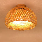 Contemporary Boho Dome Semicircle Bamboo Weaving Solid Wood 1 - Light Semi-Flush Mount Ceiling Light For Hallways