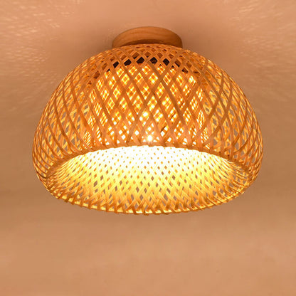 Contemporary Boho Dome Semicircle Bamboo Weaving Solid Wood 1 - Light Semi-Flush Mount Ceiling Light For Hallways