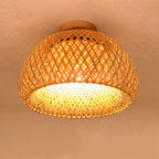 Contemporary Boho Dome Semicircle Bamboo Weaving Solid Wood 1 - Light Semi-Flush Mount Ceiling Light For Hallways