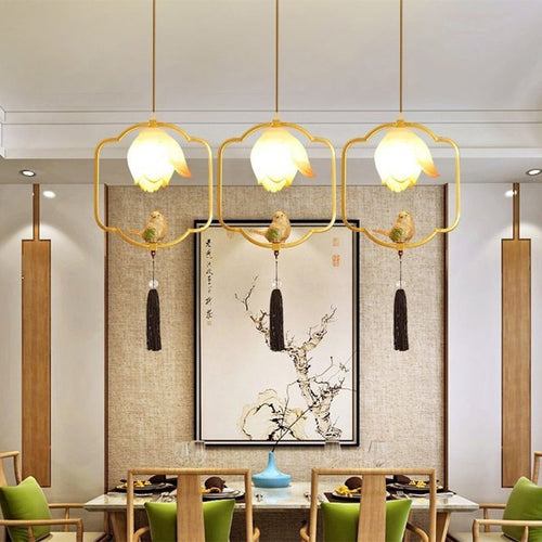 Traditional Chinese Iron Resin Lotus Bird Oval Shape Polygon 1 - Light Pendant Light for Dining Room