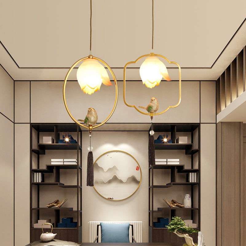 Traditional Chinese Iron Resin Lotus Bird Oval Shape Polygon 1 - Light Pendant Light for Dining Room