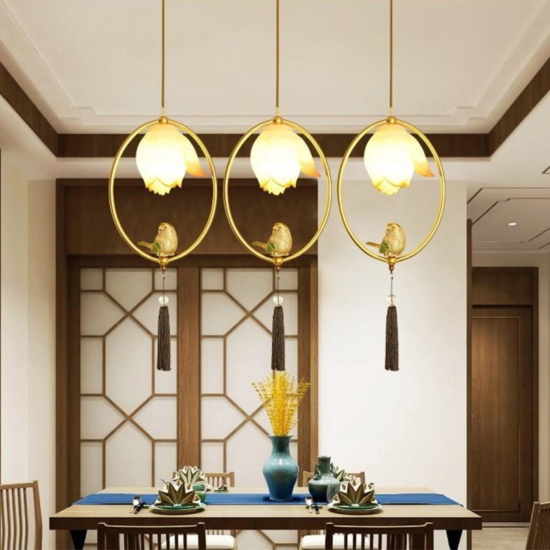 Traditional Chinese Iron Resin Lotus Bird Oval Shape Polygon 1 - Light Pendant Light for Dining Room