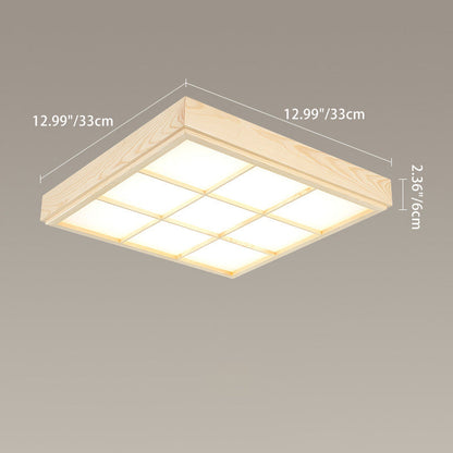 Traditional Japanese Square Cube Grid Pine Edge Acrylic Lampshade LED Flush Mount Ceiling Light For Living Room