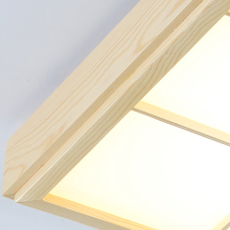 Traditional Japanese Square Cube Grid Pine Edge Acrylic Lampshade LED Flush Mount Ceiling Light For Living Room