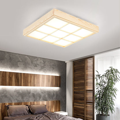 Traditional Japanese Square Cube Grid Pine Edge Acrylic Lampshade LED Flush Mount Ceiling Light For Living Room