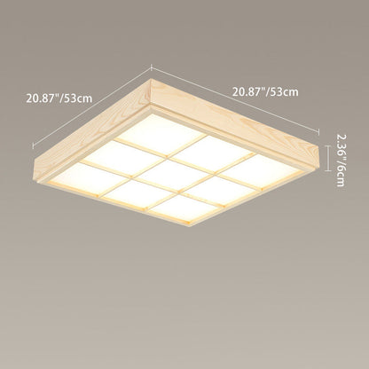 Traditional Japanese Square Cube Grid Pine Edge Acrylic Lampshade LED Flush Mount Ceiling Light For Living Room