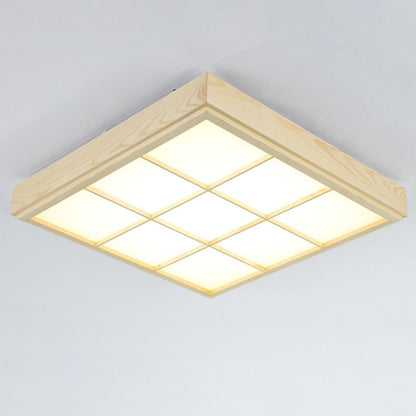 Traditional Japanese Square Cube Grid Pine Edge Acrylic Lampshade LED Flush Mount Ceiling Light For Living Room