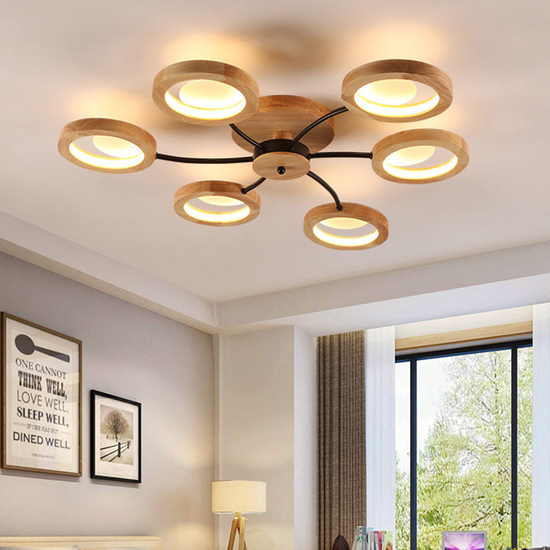 Contemporary Nordic Dome Round Solid Wood Acrylic Lampshade LED Semi-flush Mount Light for Living Room