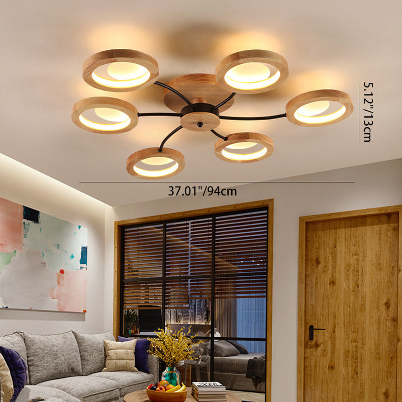 Contemporary Nordic Dome Round Solid Wood Acrylic Lampshade LED Semi-flush Mount Light for Living Room