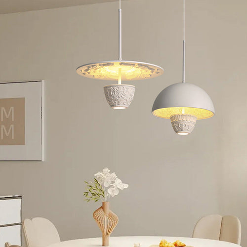 Contemporary Nordic Dome Pattern Resin Lampshade Hardware UFO Shape LED Pendant Light For Dining Room