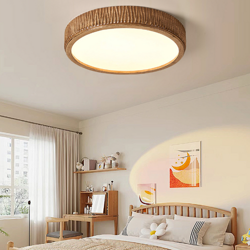Contemporary Nordic Round Cream Vertical Stripe Acrylic Resin Lampshade Iron LED Flush Mount Ceiling Light For Bedroom