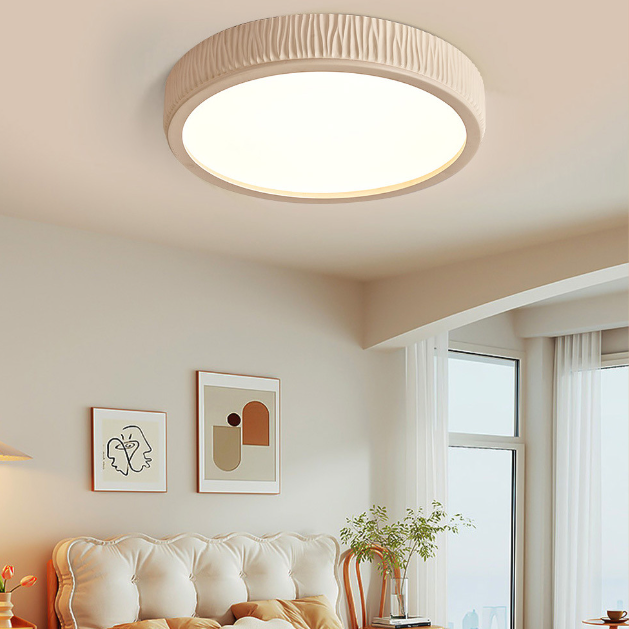 Contemporary Nordic Round Cream Vertical Stripe Acrylic Resin Lampshade Iron LED Flush Mount Ceiling Light For Bedroom