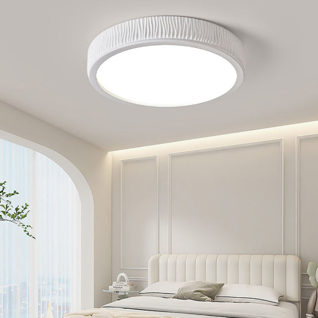 Contemporary Nordic Round Cream Vertical Stripe Acrylic Resin Lampshade Iron LED Flush Mount Ceiling Light For Bedroom