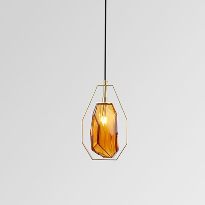 Contemporary Scandinavian Transparent Polygon Glass Iron Lampshade 1 - Light Pendant Light For Living Room