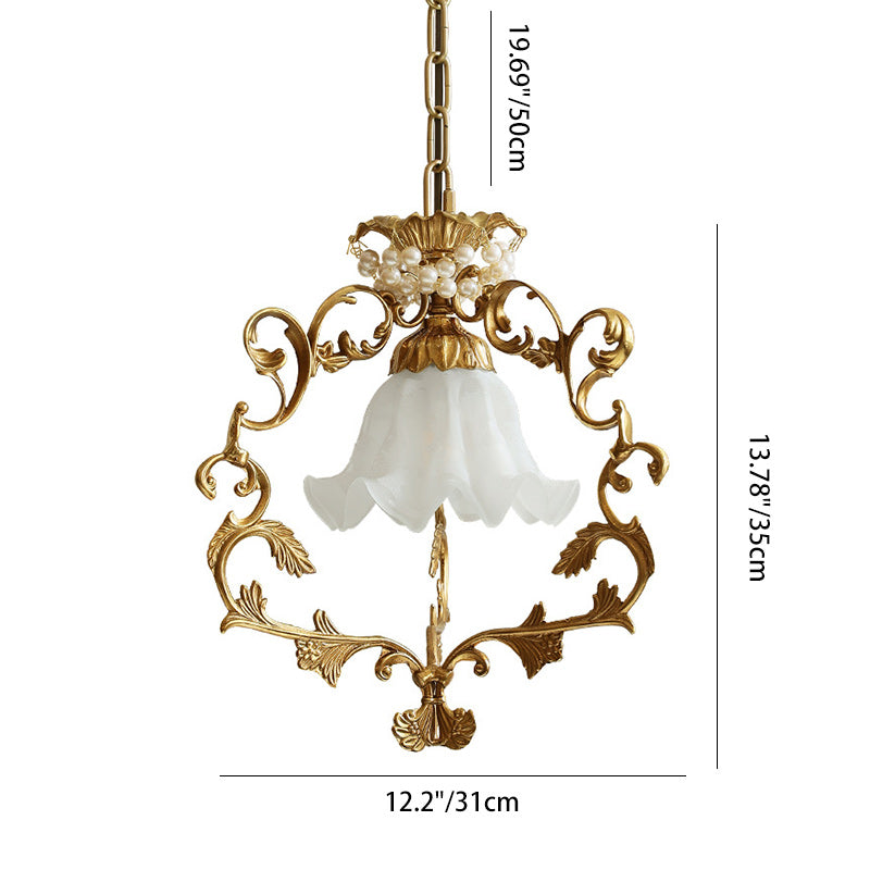 Traditional French Full Brass Pearl Morning Glory Glass Lampshade 1 - Light Pendant Light For Living Room