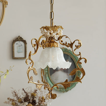 Traditional French Full Brass Pearl Morning Glory Glass Lampshade 1 - Light Pendant Light For Living Room