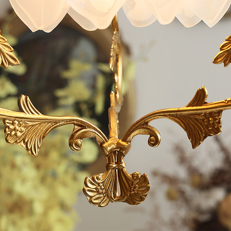 Traditional French Full Brass Pearl Morning Glory Glass Lampshade 1 - Light Pendant Light For Living Room
