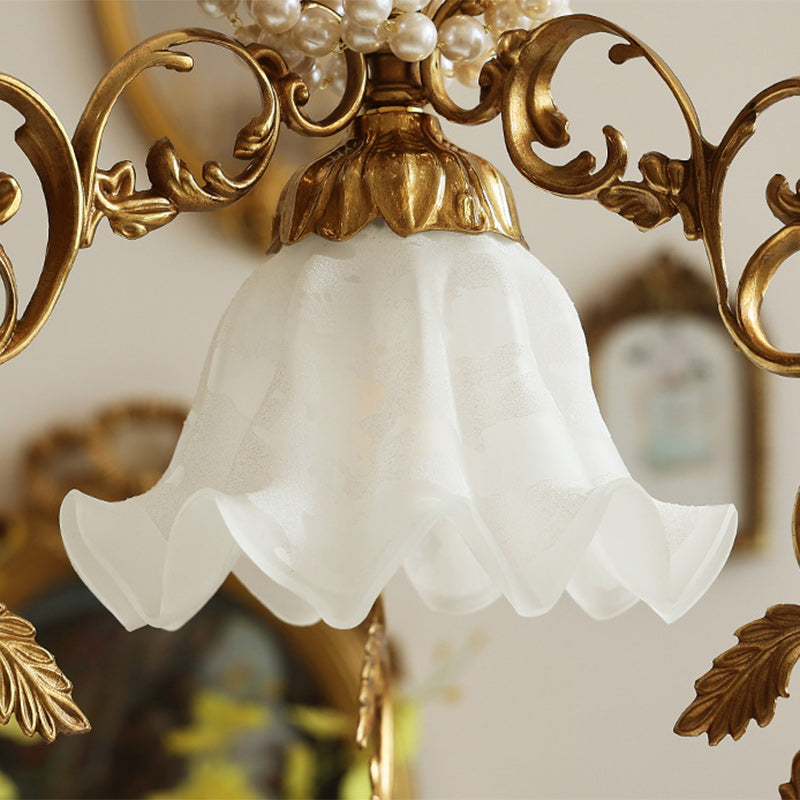 Traditional French Full Brass Pearl Morning Glory Glass Lampshade 1 - Light Pendant Light For Living Room