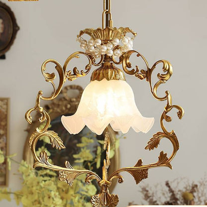 Traditional French Full Brass Pearl Morning Glory Glass Lampshade 1 - Light Pendant Light For Living Room