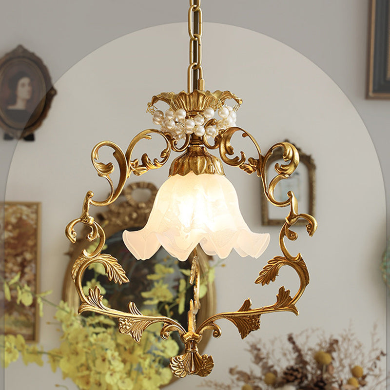 Traditional French Full Brass Pearl Morning Glory Glass Lampshade 1 - Light Pendant Light For Living Room