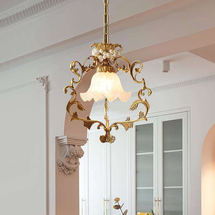 Traditional French Full Brass Pearl Morning Glory Glass Lampshade 1 - Light Pendant Light For Living Room