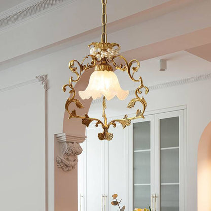 Traditional French Full Brass Pearl Morning Glory Glass Lampshade 1 - Light Pendant Light For Living Room