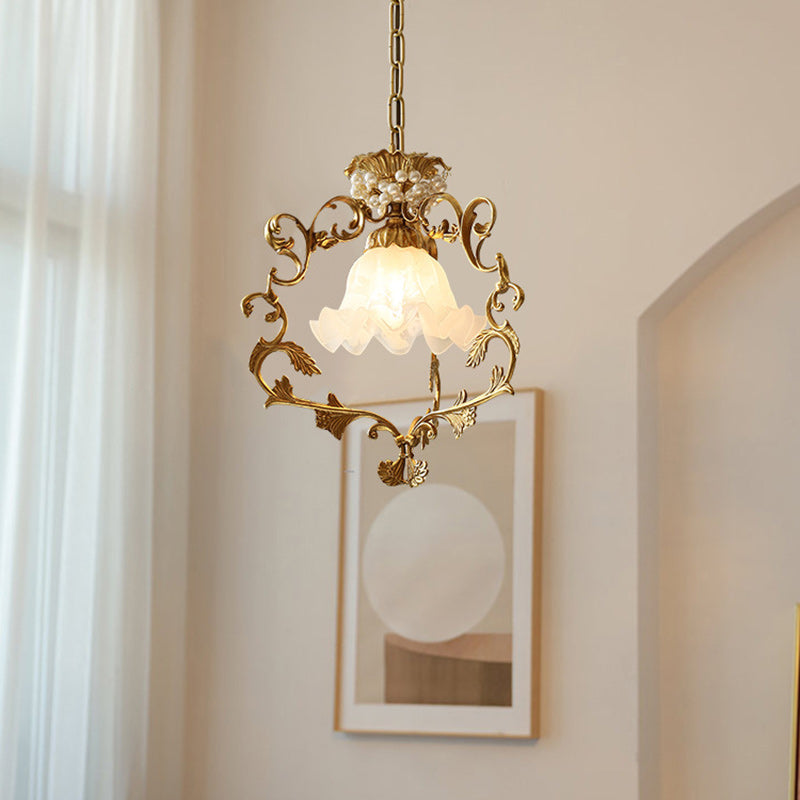 Traditional French Full Brass Pearl Morning Glory Glass Lampshade 1 - Light Pendant Light For Living Room