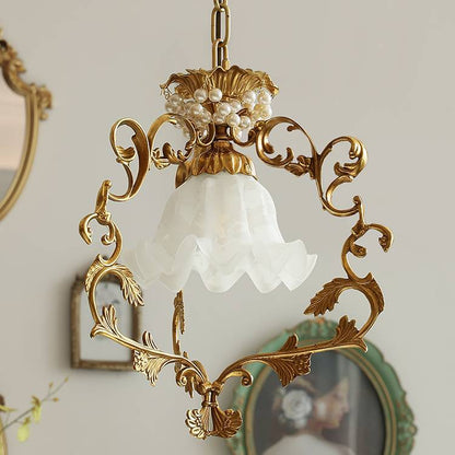 Traditional French Full Brass Pearl Morning Glory Glass Lampshade 1 - Light Pendant Light For Living Room