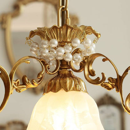 Traditional French Full Brass Pearl Morning Glory Glass Lampshade 1 - Light Pendant Light For Living Room