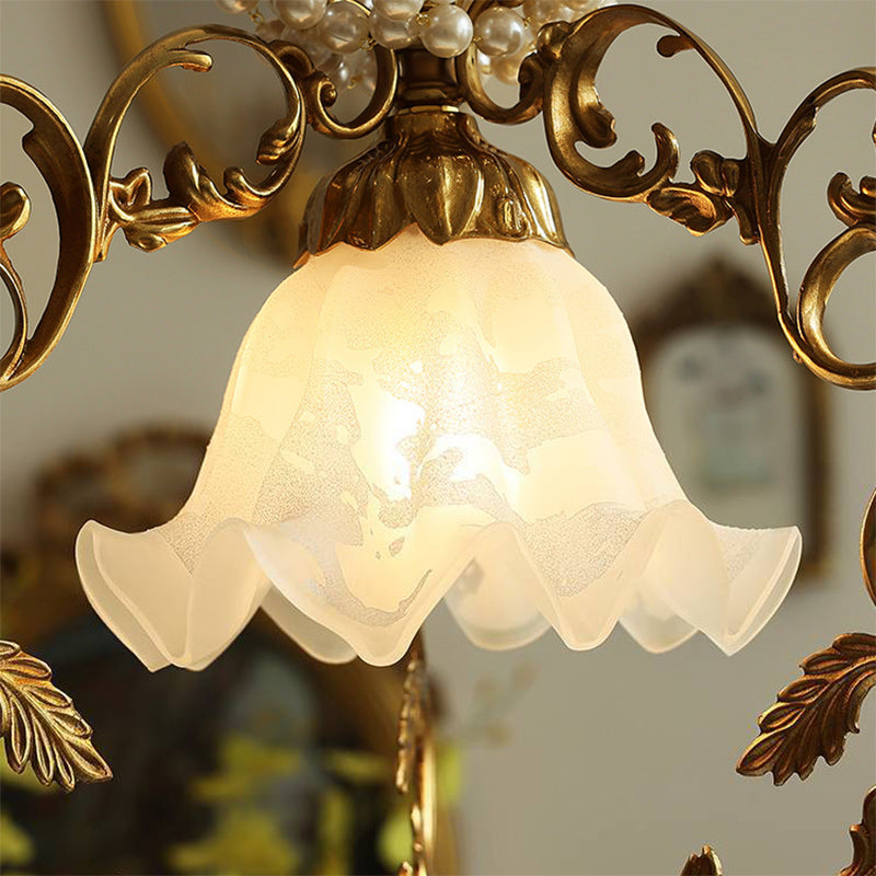 Traditional French Full Brass Pearl Morning Glory Glass Lampshade 1 - Light Pendant Light For Living Room