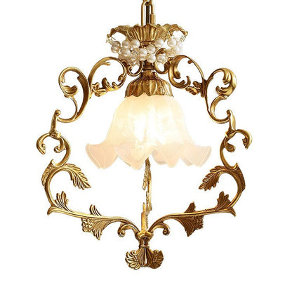 Traditional French Full Brass Pearl Morning Glory Glass Lampshade 1 - Light Pendant Light For Living Room