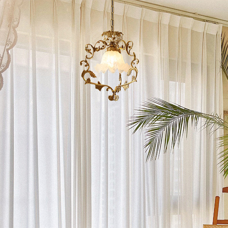 Traditional French Full Brass Pearl Morning Glory Glass Lampshade 1 - Light Pendant Light For Living Room
