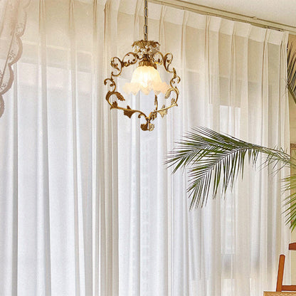 Traditional French Full Brass Pearl Morning Glory Glass Lampshade 1 - Light Pendant Light For Living Room
